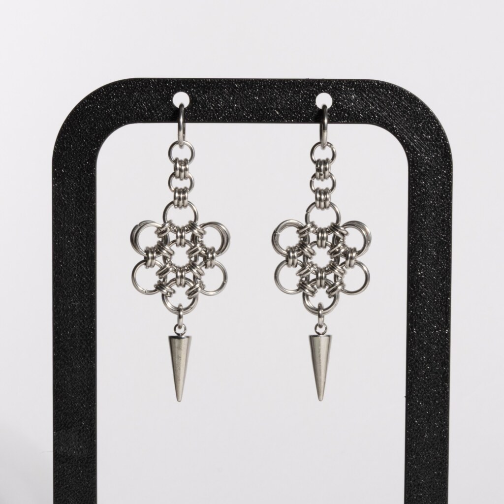 Bloom Spike Japanese flower chainmail earrings with spike drop by silentchxos