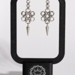 Bloom Spike Japanese flower chainmail earrings displayed on earring stand by silentchxos