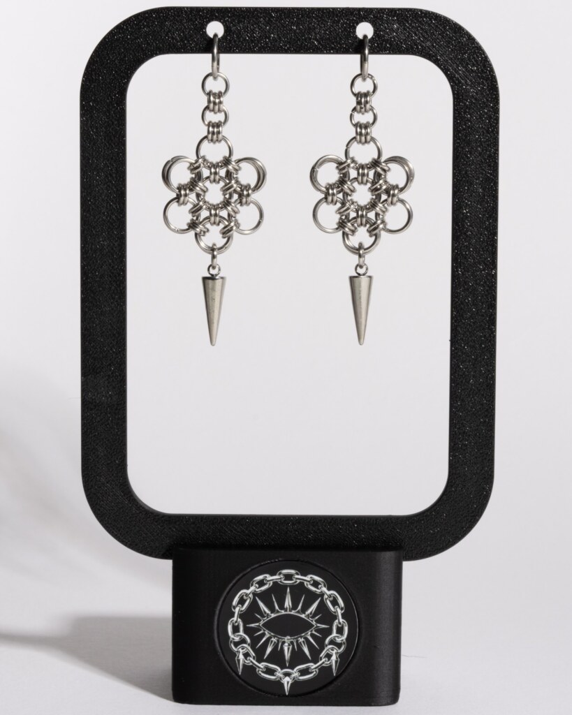 Bloom Spike Japanese flower chainmail earrings displayed on earring stand by silentchxos