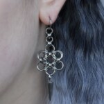 Bloom Spike, Japanese Flower chainmail earrings worn on an ear -close-up by silentchxos