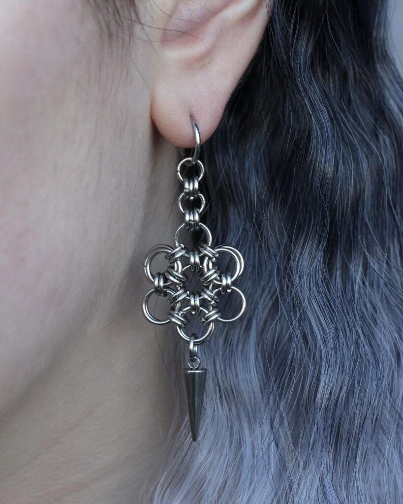 Bloom Spike, Japanese Flower chainmail earrings worn on an ear -close-up by silentchxos