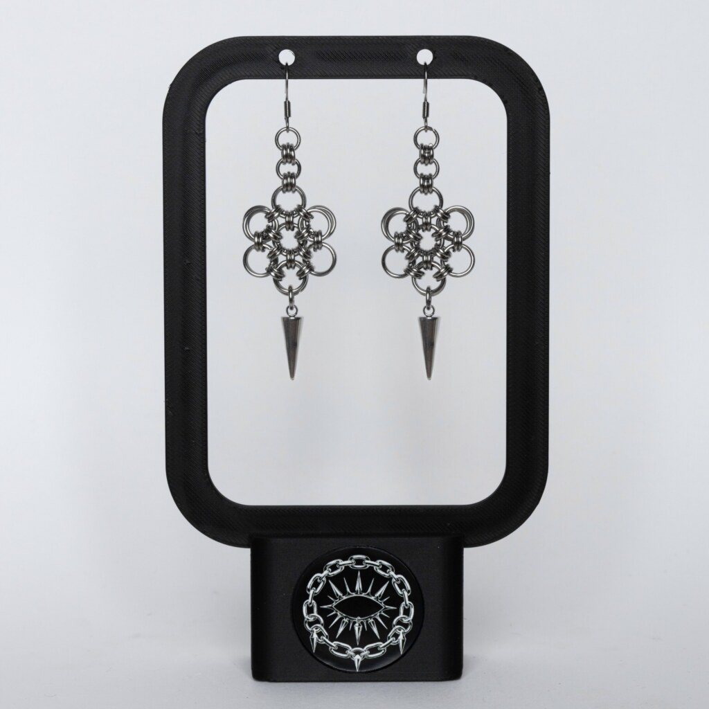 Bloom Spike Japanese flower chainmail earrings with spike drop by silentchxos