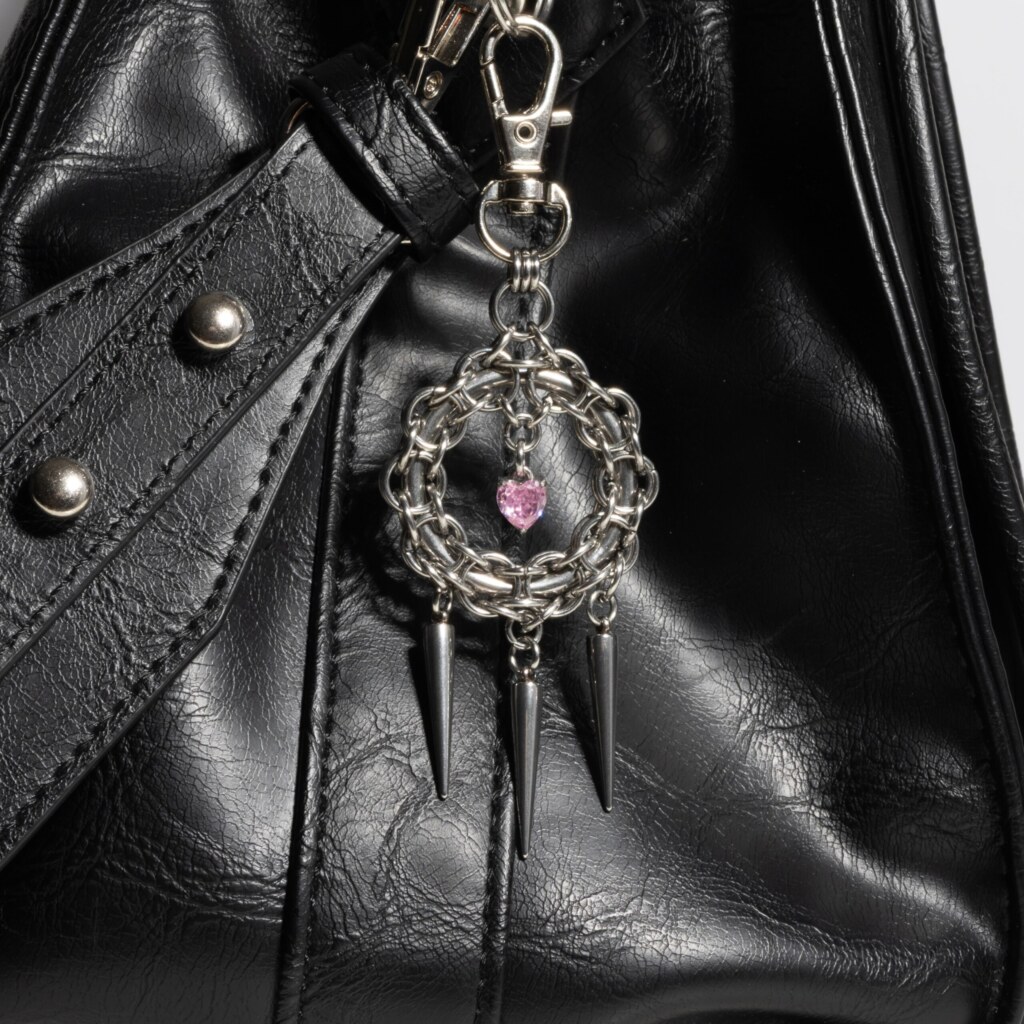 Halo Spike chainmail spike charm with pink heart pendant hanging on an bag by silentchxos