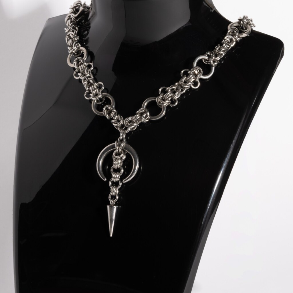 Midnight Chain moon chainmail necklace with crescent charm and spike drop by silentchxos