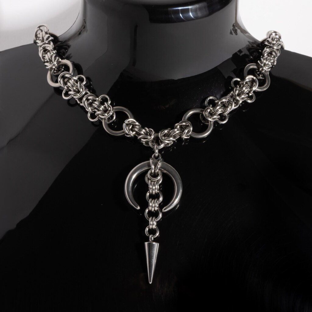 Midnight Chain moon chainmail necklace pendant detail by silentchxos