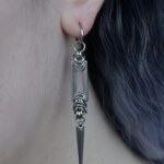 Recta Fang, spiked chainmail geometric earrings worn on an ear -close-up by silentchxos