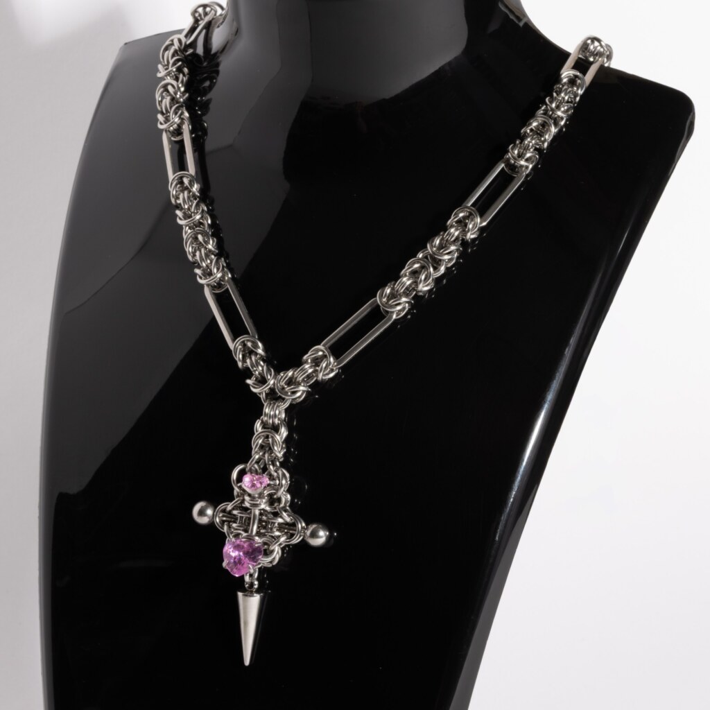 Silent Chain byzantine chainmail necklace with cross pendant pink heart variant by silentchxos