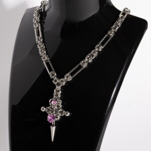 Silent Chain byzantine chainmail necklace with cross pendant pink heart variant by silentchxos