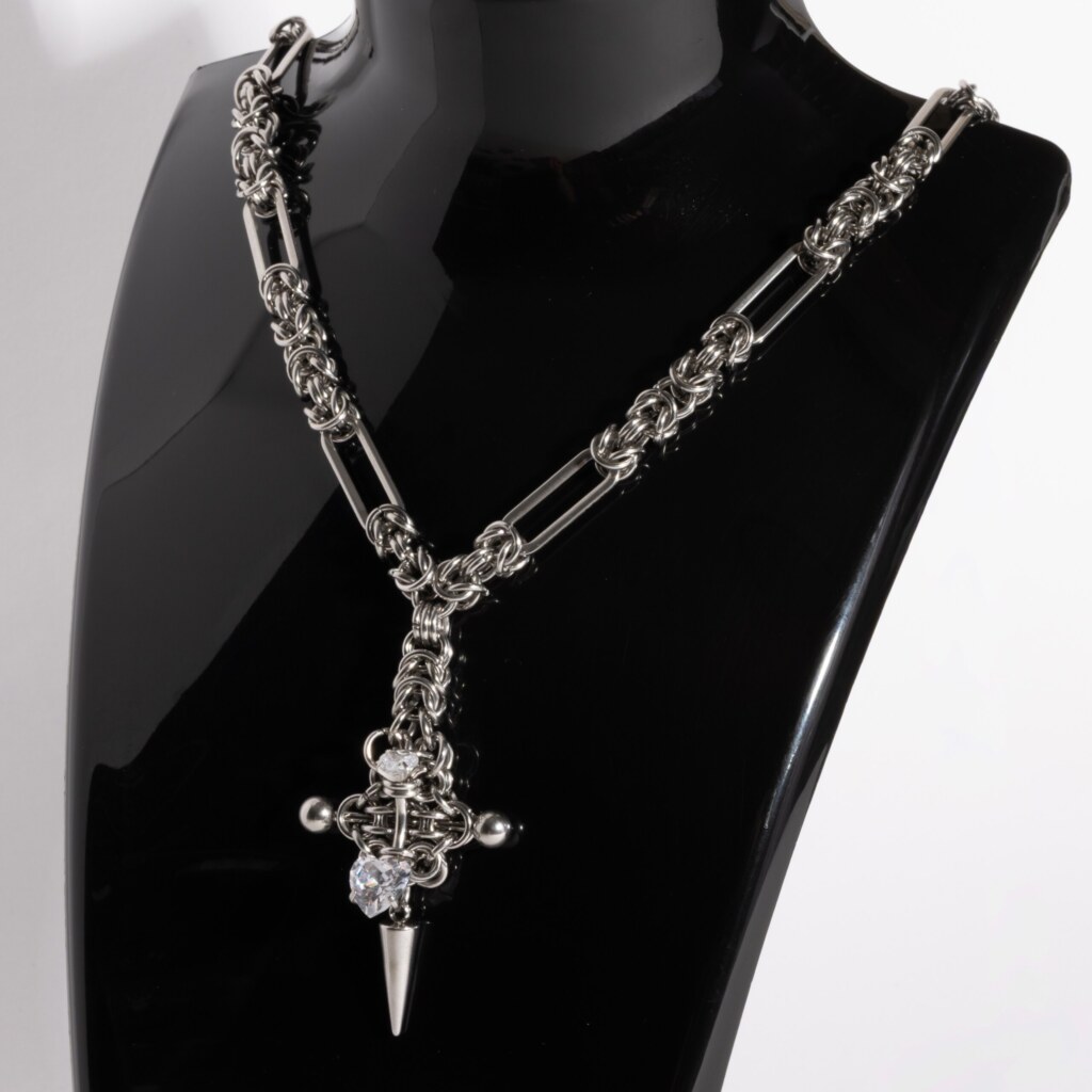 Silent Chain byzantine chainmail necklace with cross pendant white heart variant by silentchxos