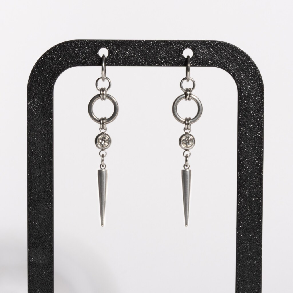 Sparkle Fang chainmail spike earrings with rhinestone and stainless steel spike drop by silentchxos