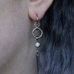 Sparkling Fang, spike chainmail earrings with an rhinestone worn on an ear -close-up by silentchxos