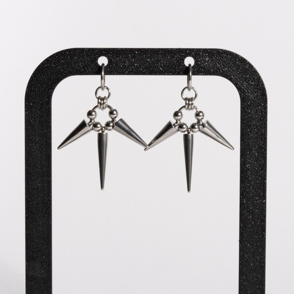 Triple Eclipse chainmail spike drop earrings with three steel spikes by silentchxos